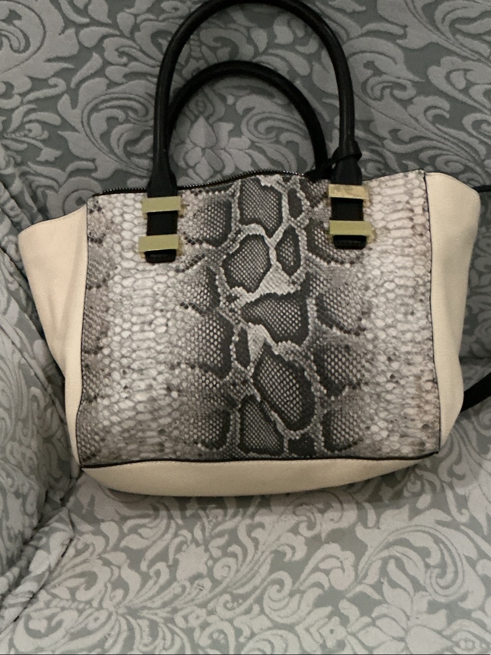 Vince Camuto Black, Cream and Gray Snake-Print Tote